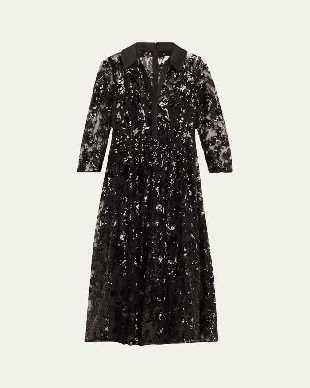 Sheer Sequin Floral Midi Shirtdress